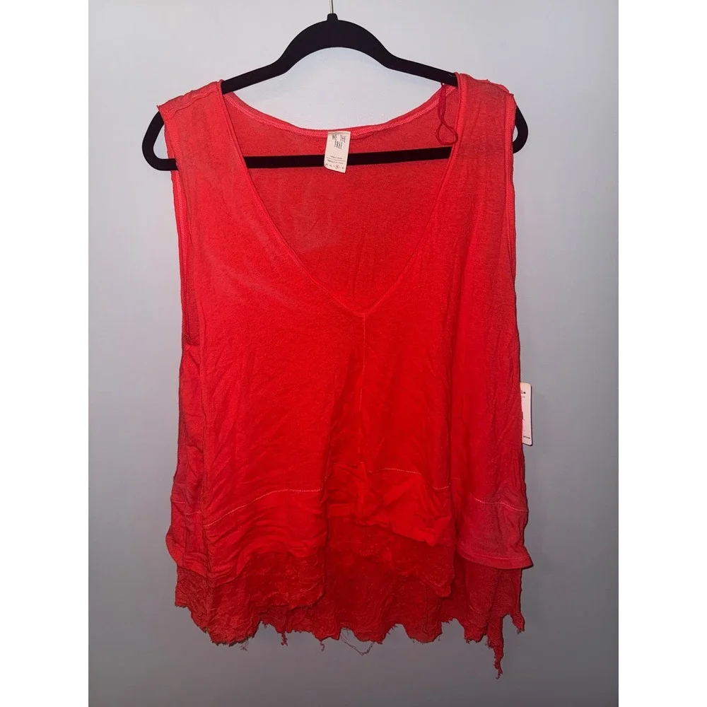 Free People We The Free Coral Red Layered Frayed Hem V-Neck Tank Top Medium NEW